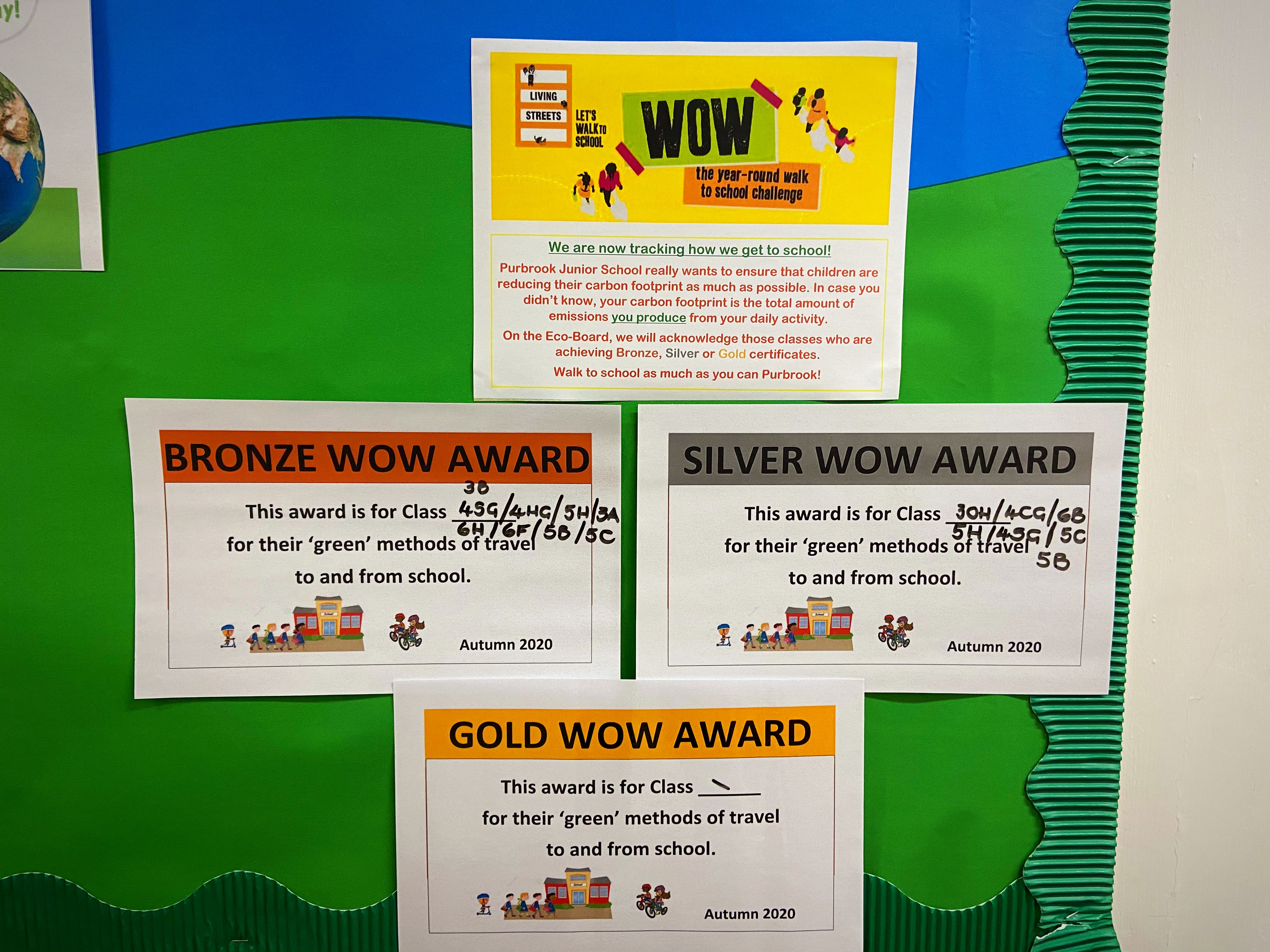The WOW Travel Tracker has been reintroduced allowing children to record how they travel to school. As a result, children, parents and staff are becoming more mindful of their carbon footprint. Certificates are regularly awarded to the top classes!