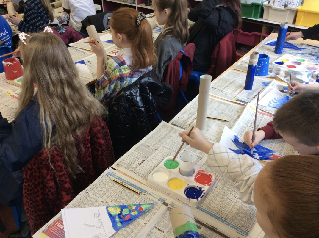 Year 4 creating their plastic pollution bunting and individual totem poles