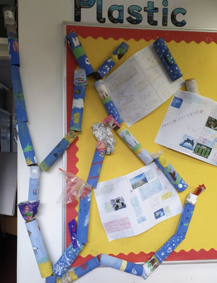 Year 4 Plastic Pollution display using children's totem poles and their Plastic Pollution non-chronological reports